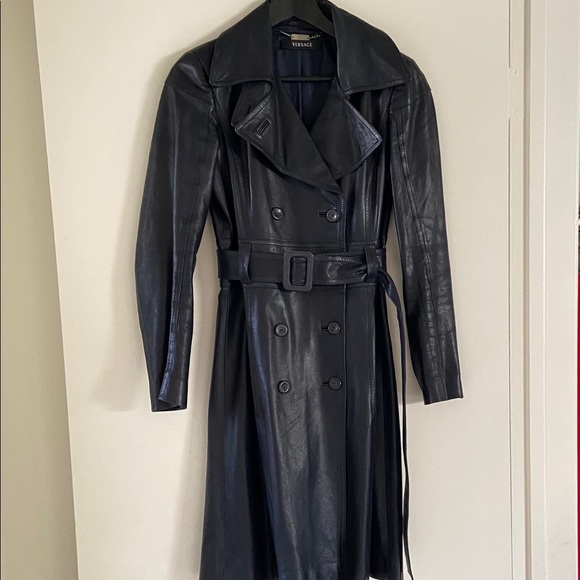 Versace navy leather trench coat - Picture 3 of 12